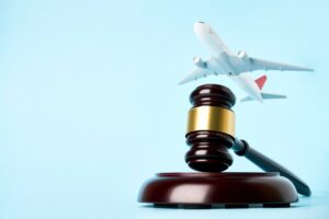 aviation,law,concept.,wooden,gavel,and,toy,plane,blue,background