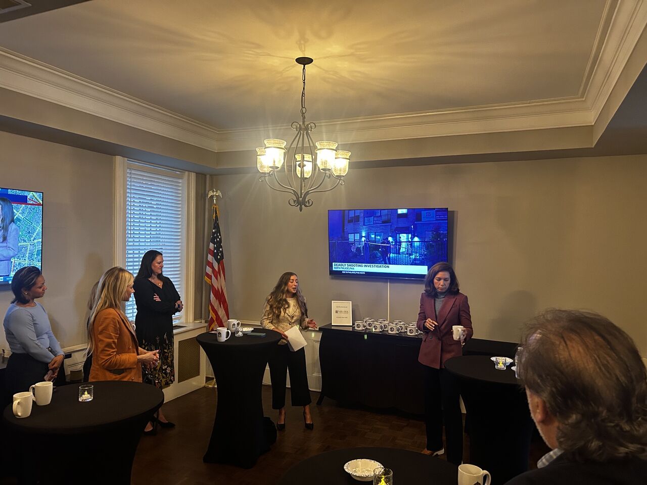 Rebecca Bennett speaking with guests at a GTB Partners fundraiser in Trenton, New Jersey